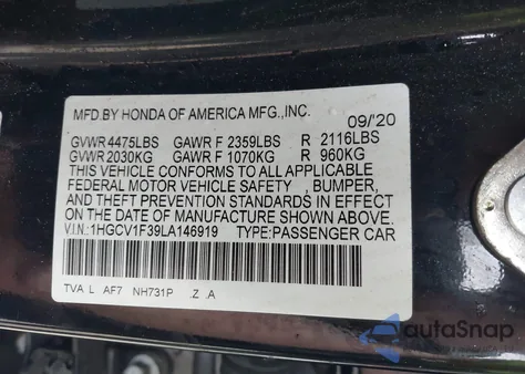 2020 Honda Accord Sport z USA, uszkodzony, nr VIN 1HGCV1F39LA146919